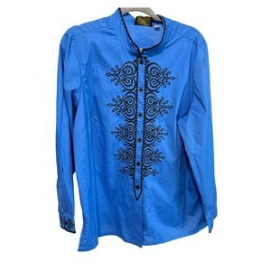 Bob Mackie Blouse Wearable Art Embroidered L Blue NEW Mandarin Collar Soutache